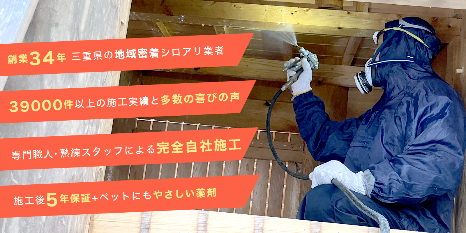 創業34年 三重県の地域密着シロアリ業者　39000件以上の施工実績と多数の喜びの声　専門職人・熟練スタッフによる完全自社施工　施工後5年保証+ペットにもやさしい薬剤