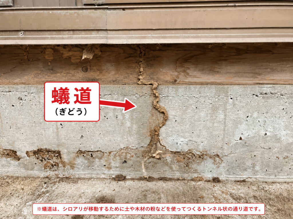 住宅の基礎コンクリートに作られたシロアリの蟻道